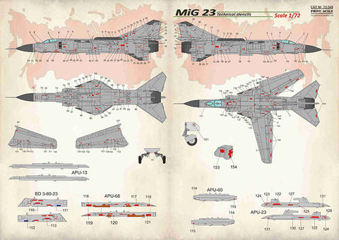 Print Scale 72-349 1/72 MiG-23 technical stensils  In the complete set 1,5 sheets