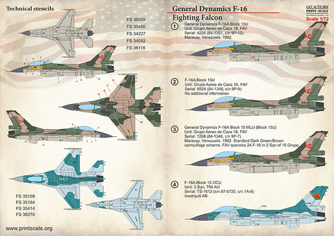 Print Scale 72-364 1/72 F-16 Fighting Falcon. Venezuela, Indonesia, Romania