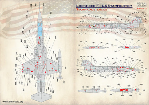 Print Scale 72-414 1/72 Lockheed F-104 Starfigter technical stencils. The complete set 2 leaf