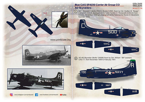 Print Scale 72-432 1/72 Blue CAG SPADS. Carrier Air Group CO AD Skyraiders