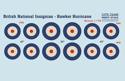 Print Scale 72-445 1/72 British National Insignia. Hawker Hurricane The complete set 1,5 leaf