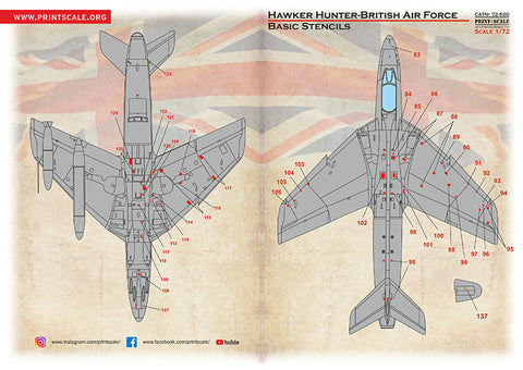Print Scale 72-520 1/72 Hawker Hunter RAF Basic Stencils Scale 1/72
