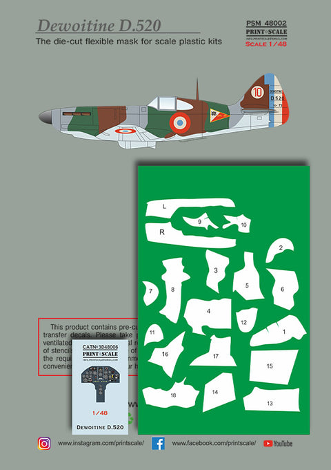 Print Scale PSM48002 1/48 Dewoitine D.520 Mask & Decals + 3D Panel PSM48002 Scale 1/48