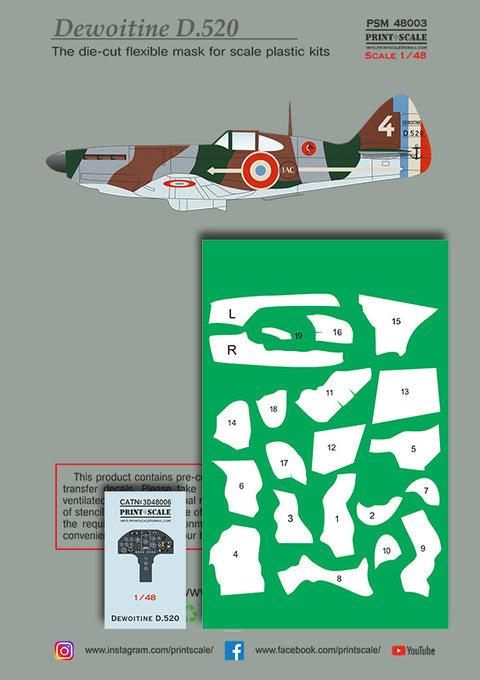 Print Scale PSM48003 1/48 Dewoitine D.520 Mask & Decals + 3D Panel PSM48003 Scale 1/48