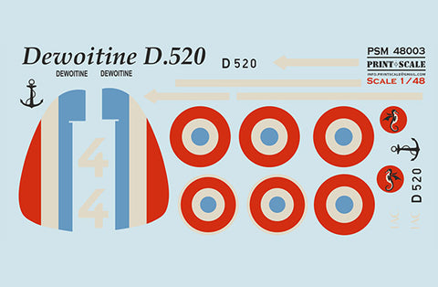 Print Scale PSM48003 1/48 Dewoitine D.520 Mask & Decals + 3D Panel PSM48003 Scale 1/48