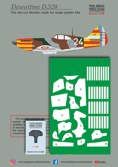 Print Scale PSM48004 1/48 Dewoitine D.520 Mask & Decals + 3D Panel PSM48004 Scale 1/48
