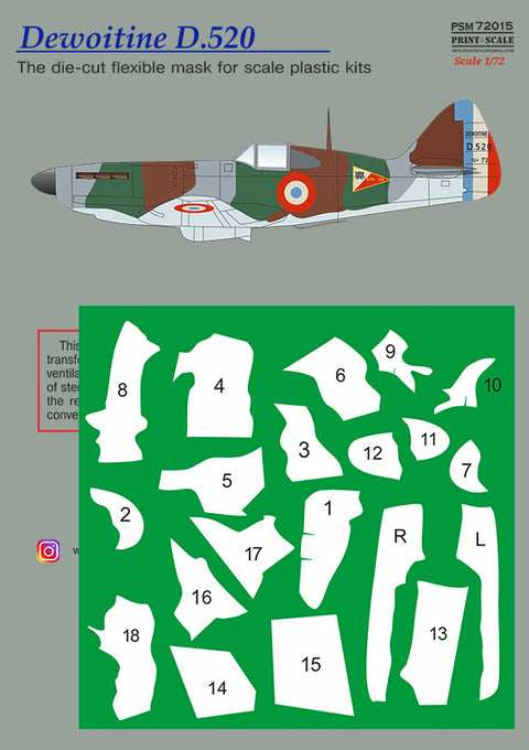 Print Scale PSM72015 1/72 Dewoitine D.520 Painting Mask & Decals PSM72015 Scale 1/72