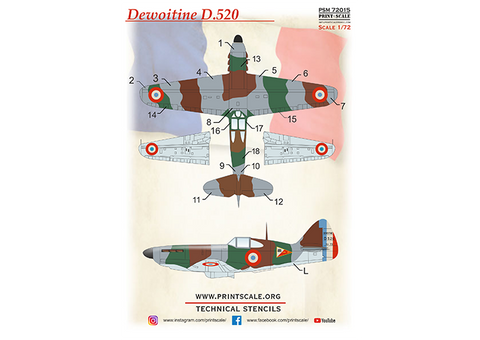 Print Scale PSM72015 1/72 Dewoitine D.520 Painting Mask & Decals PSM72015 Scale 1/72