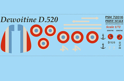 Print Scale PSM72016 1/72 Dewoitine D.520 Painting Mask & Decals PSM72016 Scale 1/72