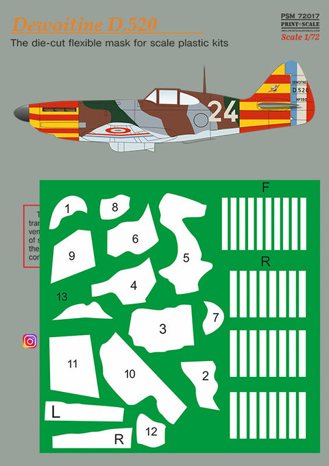 Print Scale PSM72017 1/72 Dewoitine D.520 Painting Mask + Decals PSM72017 Scale 1/72
