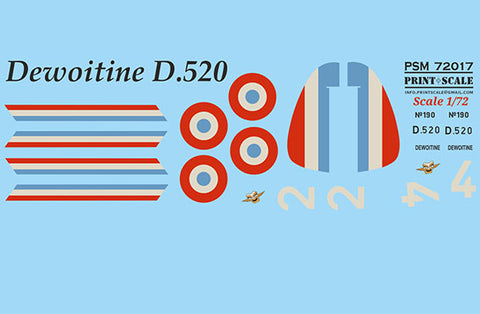 Print Scale PSM72017 1/72 Dewoitine D.520 Painting Mask + Decals PSM72017 Scale 1/72
