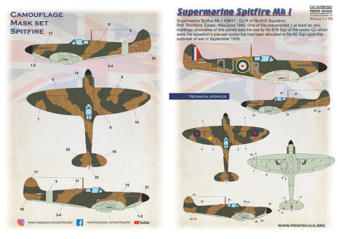 Print Scale PSM72001 1/72 Supermarine Spitfire Mk.1 Painting Mask & Decals PSM72001 Scale 1/72