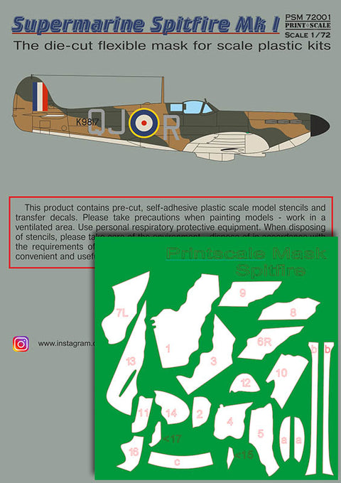 Print Scale PSM72001 1/72 Supermarine Spitfire Mk.1 Painting Mask & Decals PSM72001 Scale 1/72