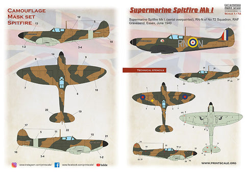 Print Scale PSM72002 1/72 Supermarine Spitfire Mk.I Camouflage Painting Mask & Decals PSM72002 Scale 1/72
