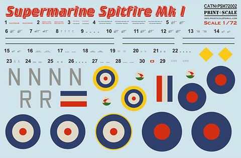 Print Scale PSM72002 1/72 Supermarine Spitfire Mk.I Camouflage Painting Mask & Decals PSM72002 Scale 1/72