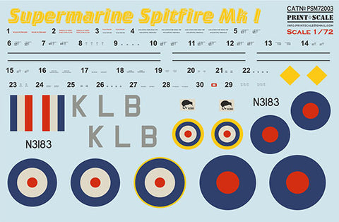 Print Scale PSM72003 1/72 Supermarine Spitfire Mk.I Camouflage Painting Mask & Decals PSM72003 Scale 1/72