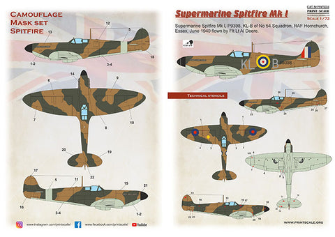 Print Scale PSM72004 1/72 Supermarine Spitfire Mk.I Painting Mask & Decals PSM72004 Scale 1/72