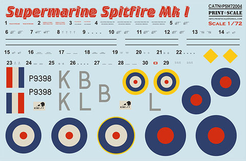 Print Scale PSM72004 1/72 Supermarine Spitfire Mk.I Painting Mask & Decals PSM72004 Scale 1/72