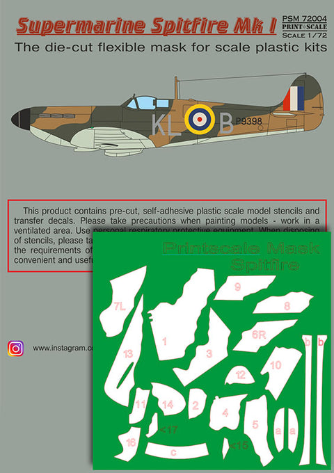 Print Scale PSM72004 1/72 Supermarine Spitfire Mk.I Painting Mask & Decals PSM72004 Scale 1/72