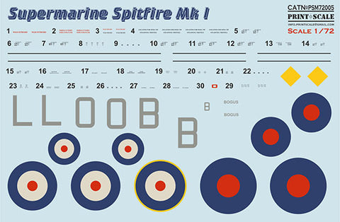 Print Scale PSM72005 1/72 Supermarine Spitfire Mk.I mask & decals PSM72005 Scale 1/72