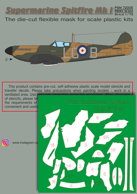 Print Scale PSM72005 1/72 Supermarine Spitfire Mk.I mask & decals PSM72005 Scale 1/72