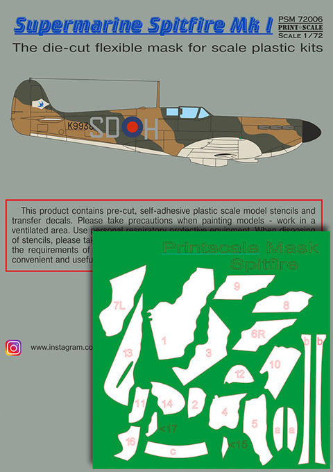 Print Scale PSM72006 1/72 Supermarine Spitfire Mk.I mask & decals PSM72006 Scale 1/72