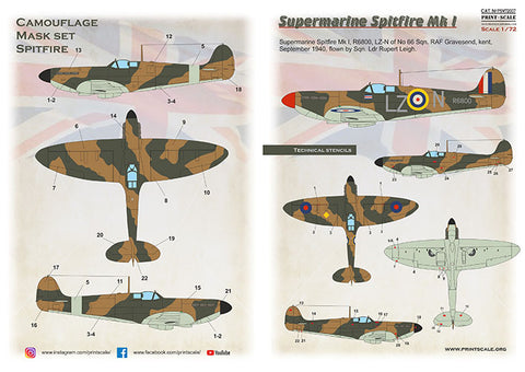 Print Scale PSM72007 1/72 Supermarine Spitfire Mk.I mask & decals PSM72007 Scale 1/72