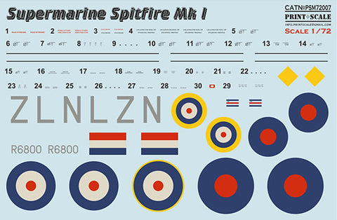 Print Scale PSM72007 1/72 Supermarine Spitfire Mk.I mask & decals PSM72007 Scale 1/72