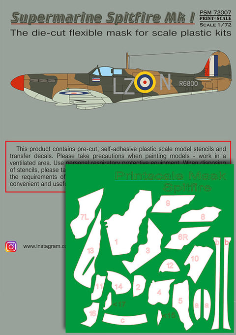 Print Scale PSM72007 1/72 Supermarine Spitfire Mk.I mask & decals PSM72007 Scale 1/72