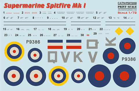 Print Scale PSM72008 1/72 Supermarine Spitfire Mk.I Painting Mask & Decals PSM72008 Scale 1/72