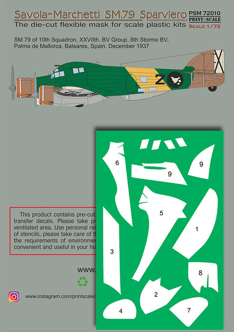 Print Scale PSM72010 1/72 Savoia-Marchetti SM.79 Painting Mask & Decals PSM72010 Scale 1/72