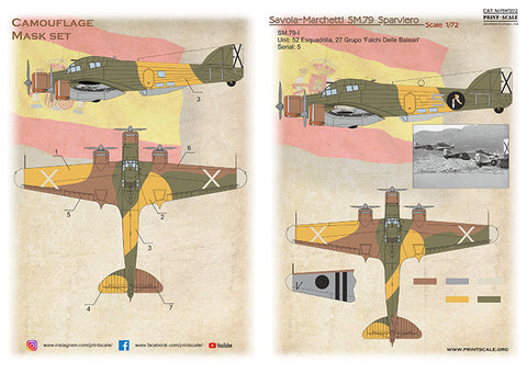 Print Scale PSM72012 1/72 Savoia-Marchetti SM.79 Painting Mask & Decals PSM72012 Scale 1/72