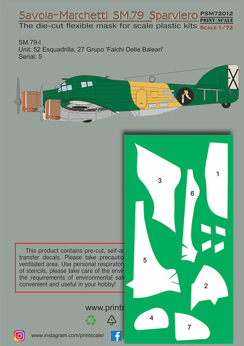Print Scale PSM72012 1/72 Savoia-Marchetti SM.79 Painting Mask & Decals PSM72012 Scale 1/72