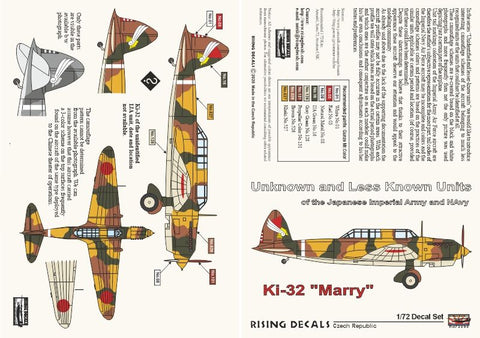 Rising Decals 72-090 1/72 Ki-32 Marry Camouflage schemes and decals for army light bomber Ki-32 (decals for 1 a/c)