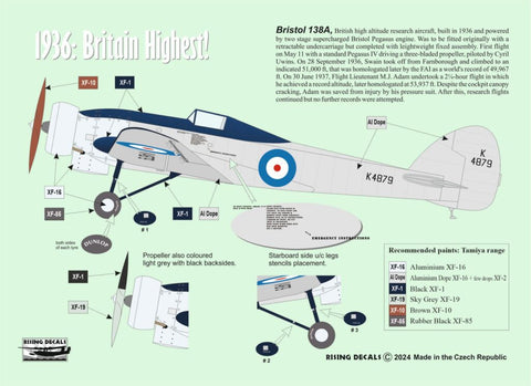 Rising Decals 72-111 1/72 1936: Britain Highest Camouflage scheme and decal for high-altitude research aircraft Bristol 138A