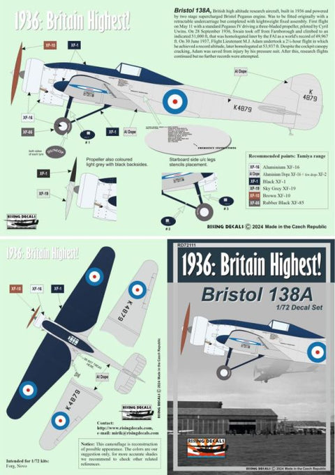 Rising Decals 72-111 1/72 1936: Britain Highest Camouflage scheme and decal for high-altitude research aircraft Bristol 138A