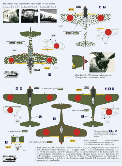 Rising Decals 72-113 1/72 25th Hiko Sentai Camouflage schemes and decals for army fighters (decals for 12 a/c)