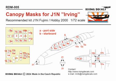 Rising Decals RDM-005 1/72 Canopy mask for J1N "Irving" (For Fujimi / Hobby 2000 kit)