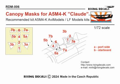 Rising Decals RDM-006 1/72 Canopy mask for A5M4-K "Claude" (For AviModels / LF Models kit)