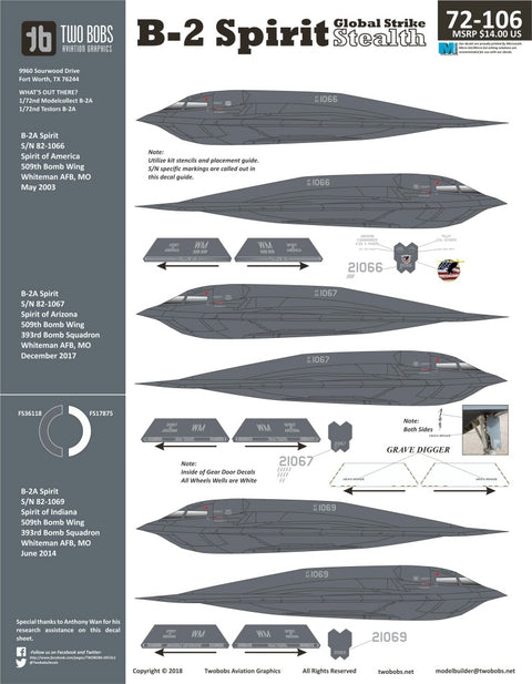 Two Bobs 72-106 1/72 Northrop B-2 Spirit stealth strategic bomber