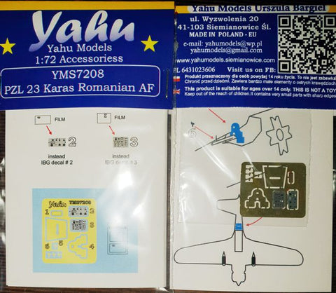 Yahu Models YMS7208 1/72 PZL.23 Kalash Romania AF Set