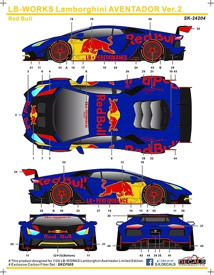 SK Decals SK24204 1/24 LB-WORKS Lamborghini Aventador Ver.2 Red Bull (for Aoshima)