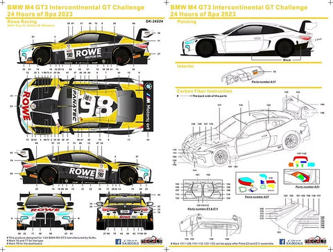 SK Decals SK24224 1/24 BMW M4 GT3 – 2023 Intercontinental GT Challenge, 24 Hours of Spa – Rowe Racing #98 (for NuNu)